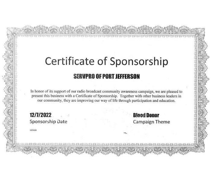 Certificate of Sponsorship for SERVPRO