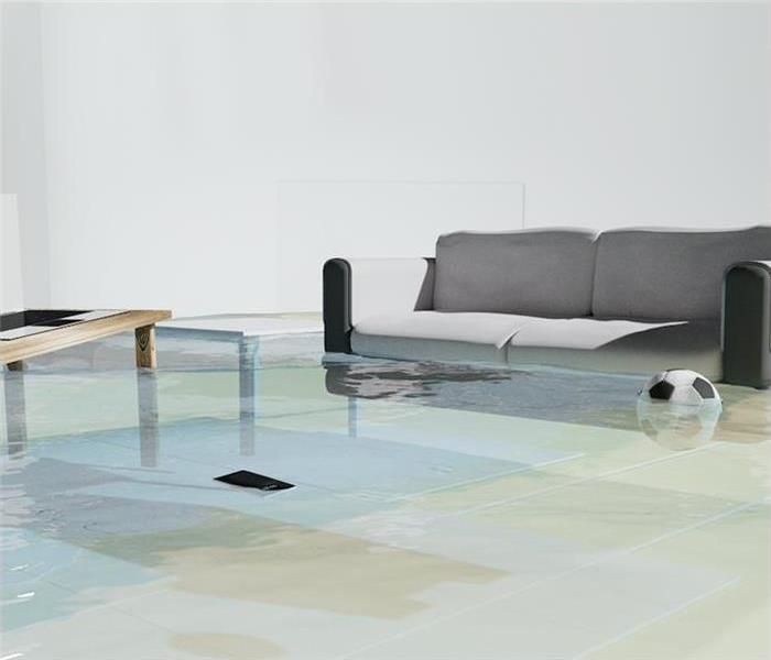 water flooding living room and sofas