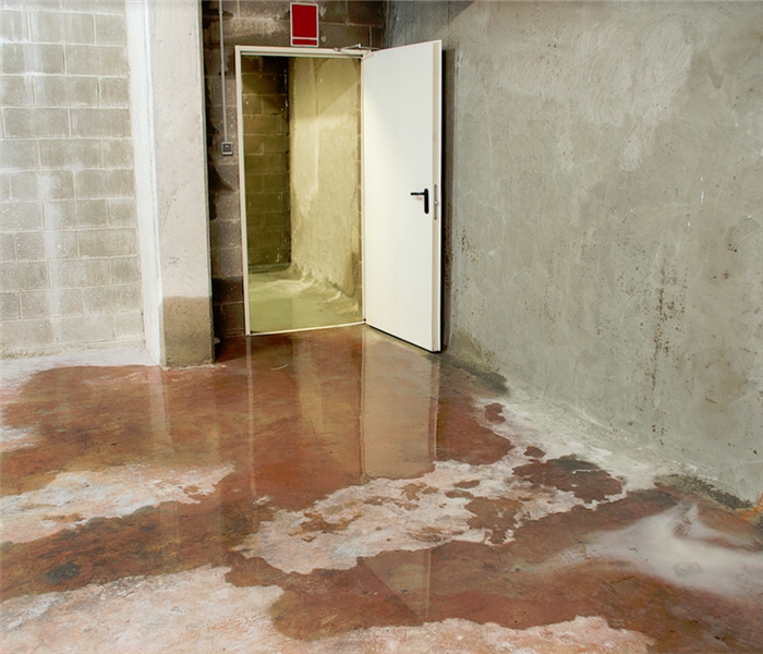 a basement with puddles all over the floor by the door